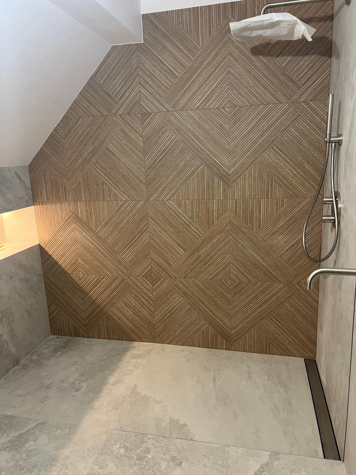 Bathroom renovation with brown wall tile